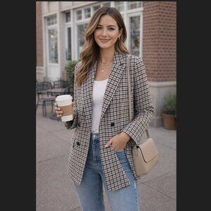 BAR III Patterned Tweed Jacket with Blue, Black & Tan Accents